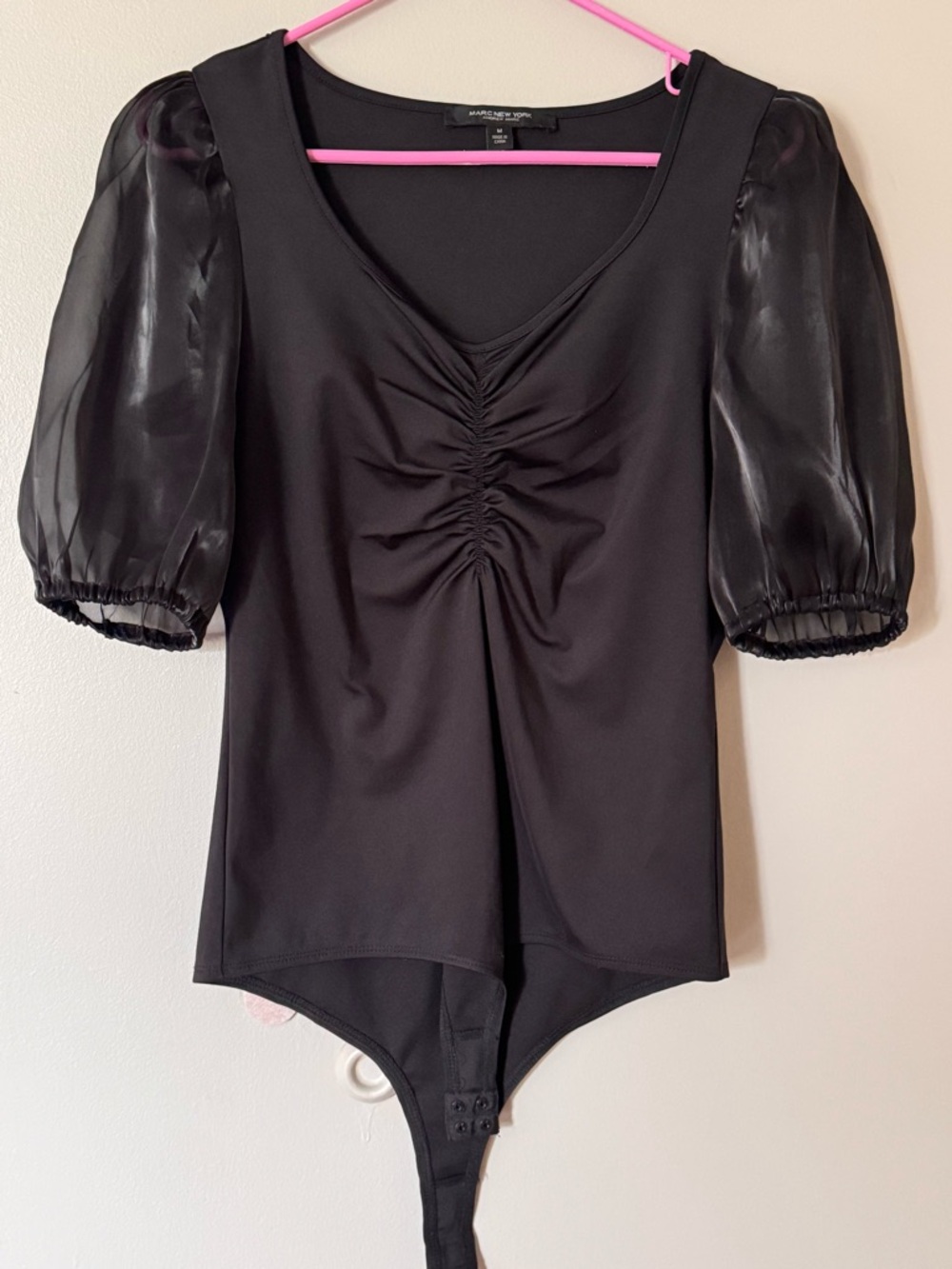 Marc New York Black Sheer Puff Sleeve Ruched Bodysuit